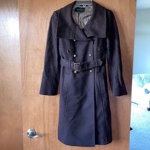 BCBG MaxAzria brown wool/cashmere tench coat with gold accent detail EUC